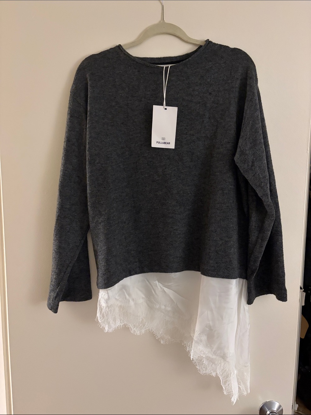 Pull&Bear Dark Gray Knit Pullover with White Lace Hem NWT